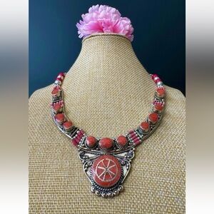 Vintage Handcrafted Indo/Tibet Tribal Necklace Inlay Coral Set In Silver 124gram